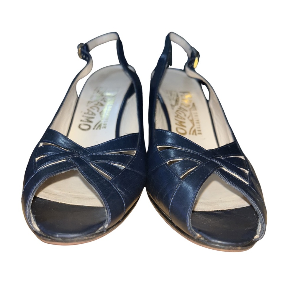 Salvatore Ferragamo Navy Leather Peep-Toe Slingbacks | 7.5AA - Picture 3 of 9